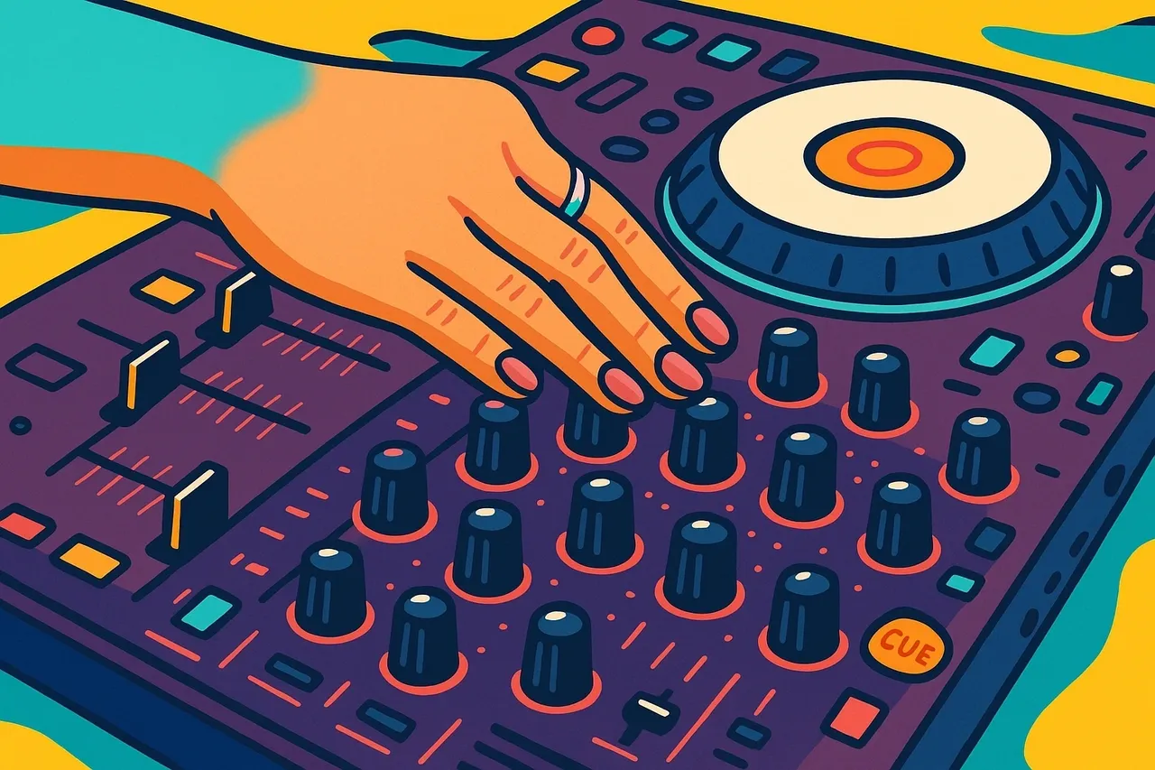 Illustrated DJ controller and hand adjusting sound controls