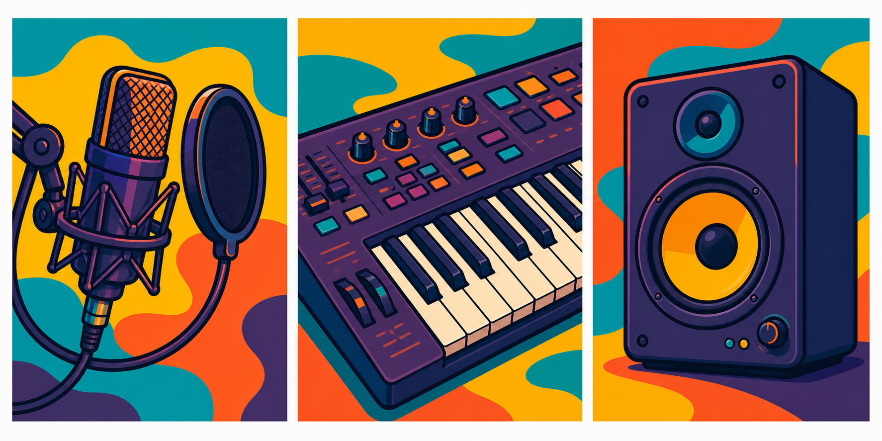 Illustrated headphones, DJ controller, and sampler pads