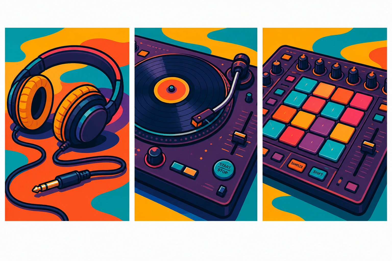 Illustrated studio microphone, keyboard, and speaker